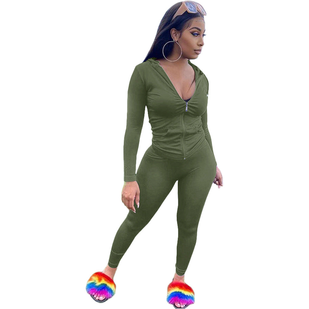 Women Summer Sports Hooded Full Sleeves Solid Pockets Regular Two Piece Pants Set 30