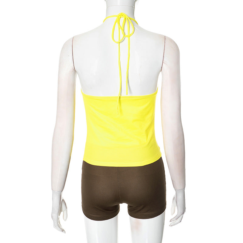 Spring Summer Women's Ring Halter Neck Multi-Color Low Back Vest Bodycon Holiday Shorts Two Piece Set 7