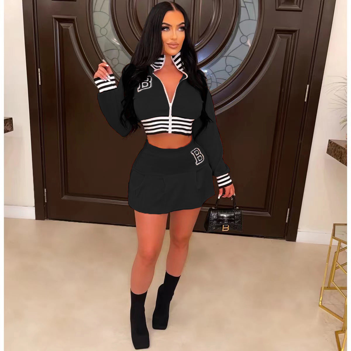 Women Casual Long Sleeve Letter Print Baseball Jacket and Mini Skirt Two-Piece 14