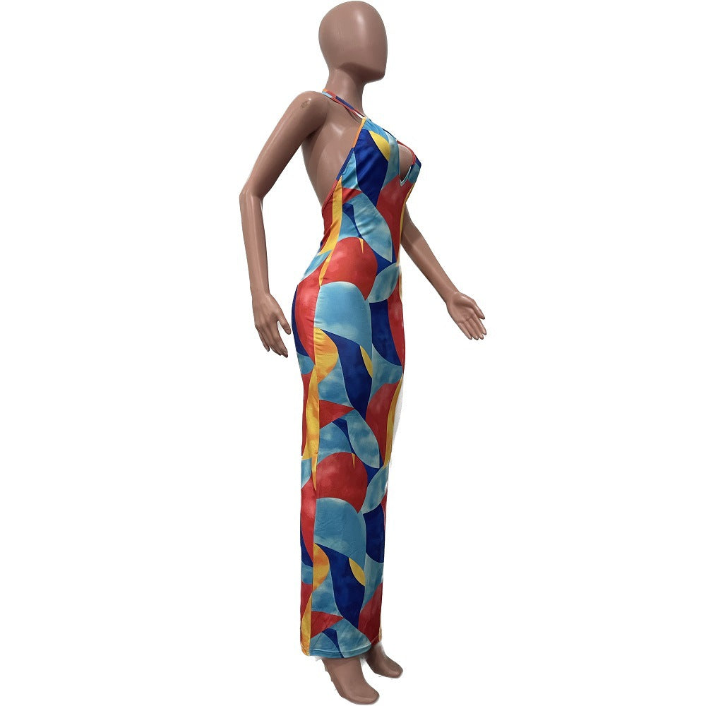 Women's Fashion Digital Print Halter Neck Maxi Dress 5