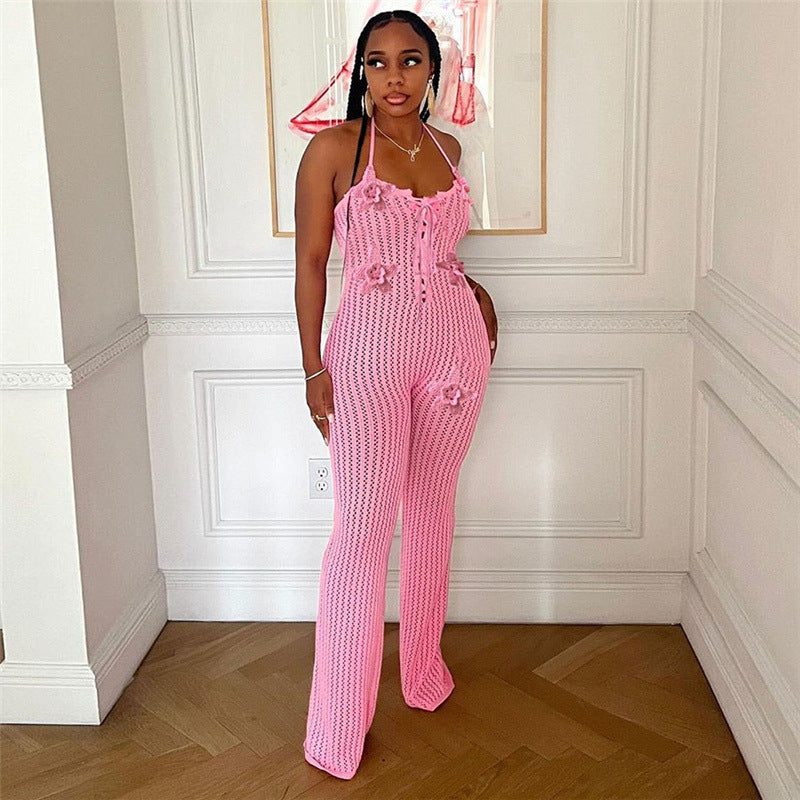 Spring Sexy Halter Neck Low Back Slim Flared Jumpsuit 5