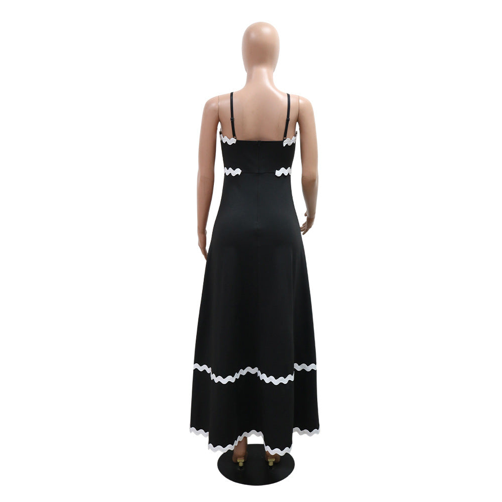 Women Strap Solid Wave Ribbon Patchwork Solid Strap Dress 15