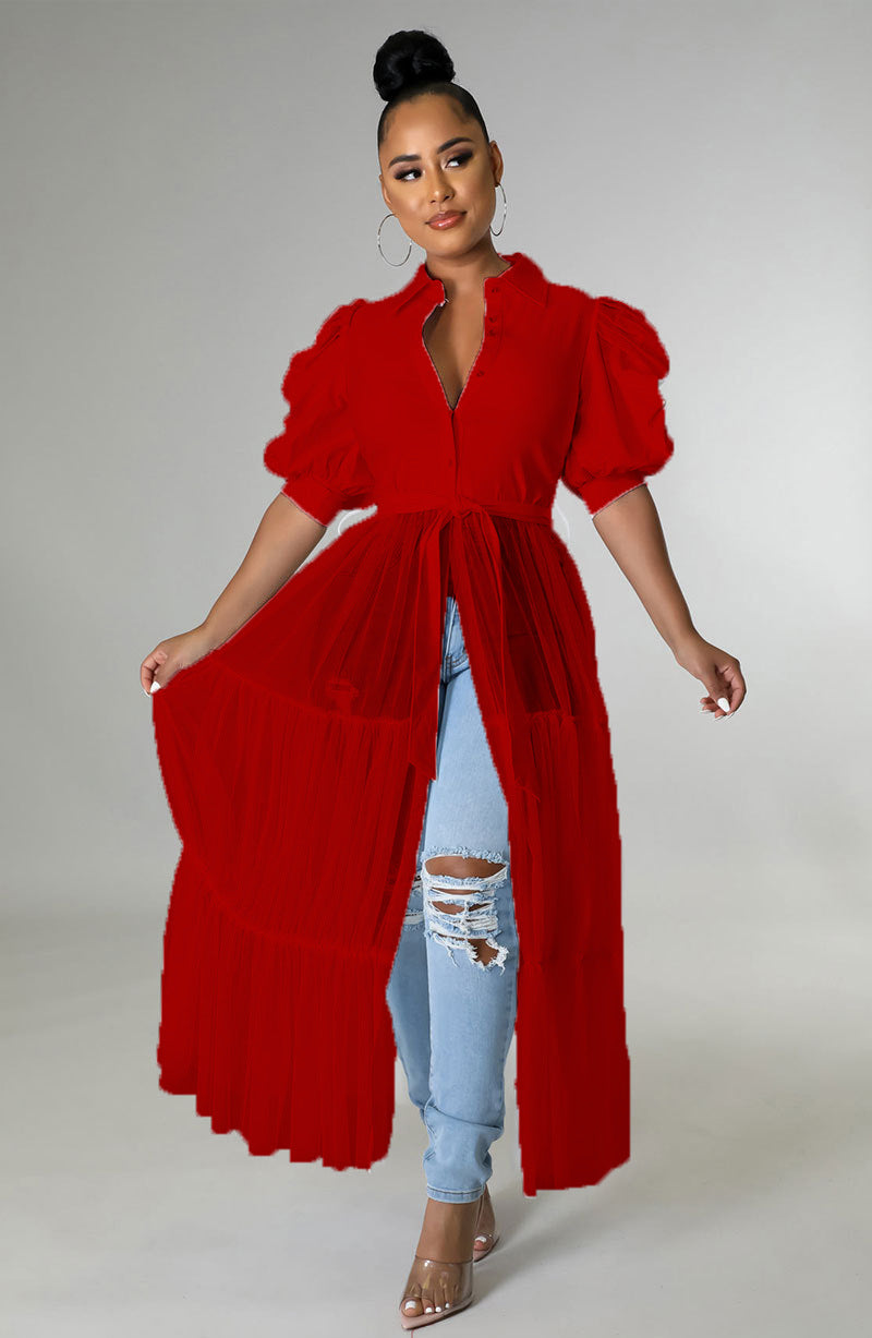 Women Summer Short Sleeve Mesh Shirt Dress 15