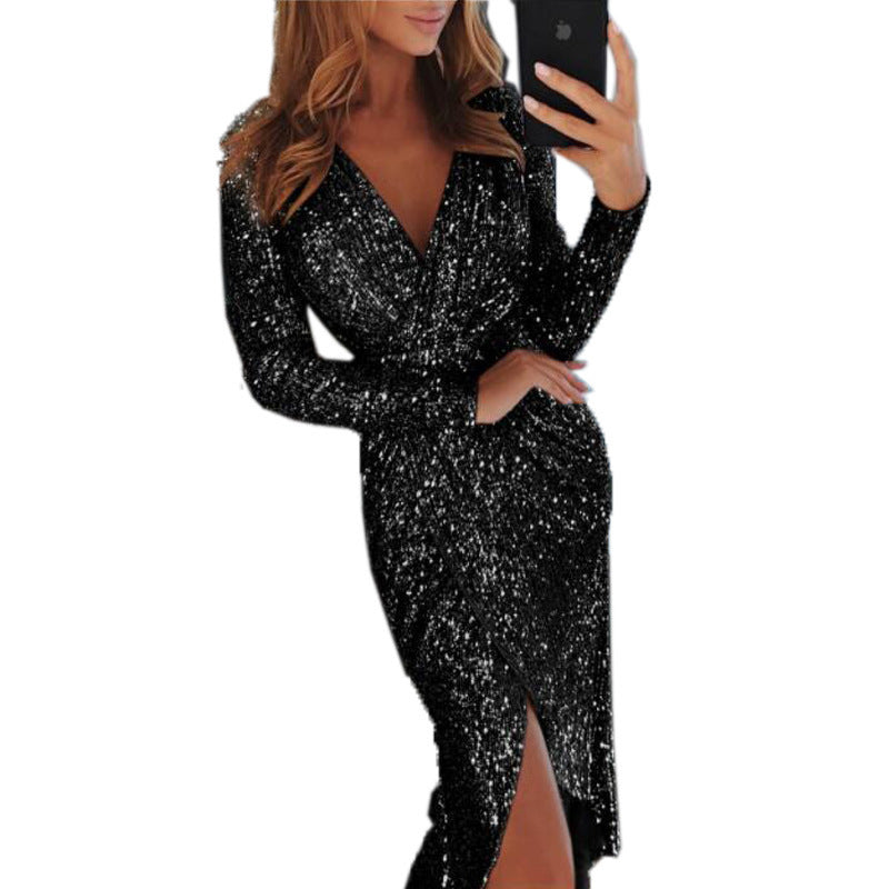 Women Shiny long-sleeved V-neck sparkling evening sexy dress 5