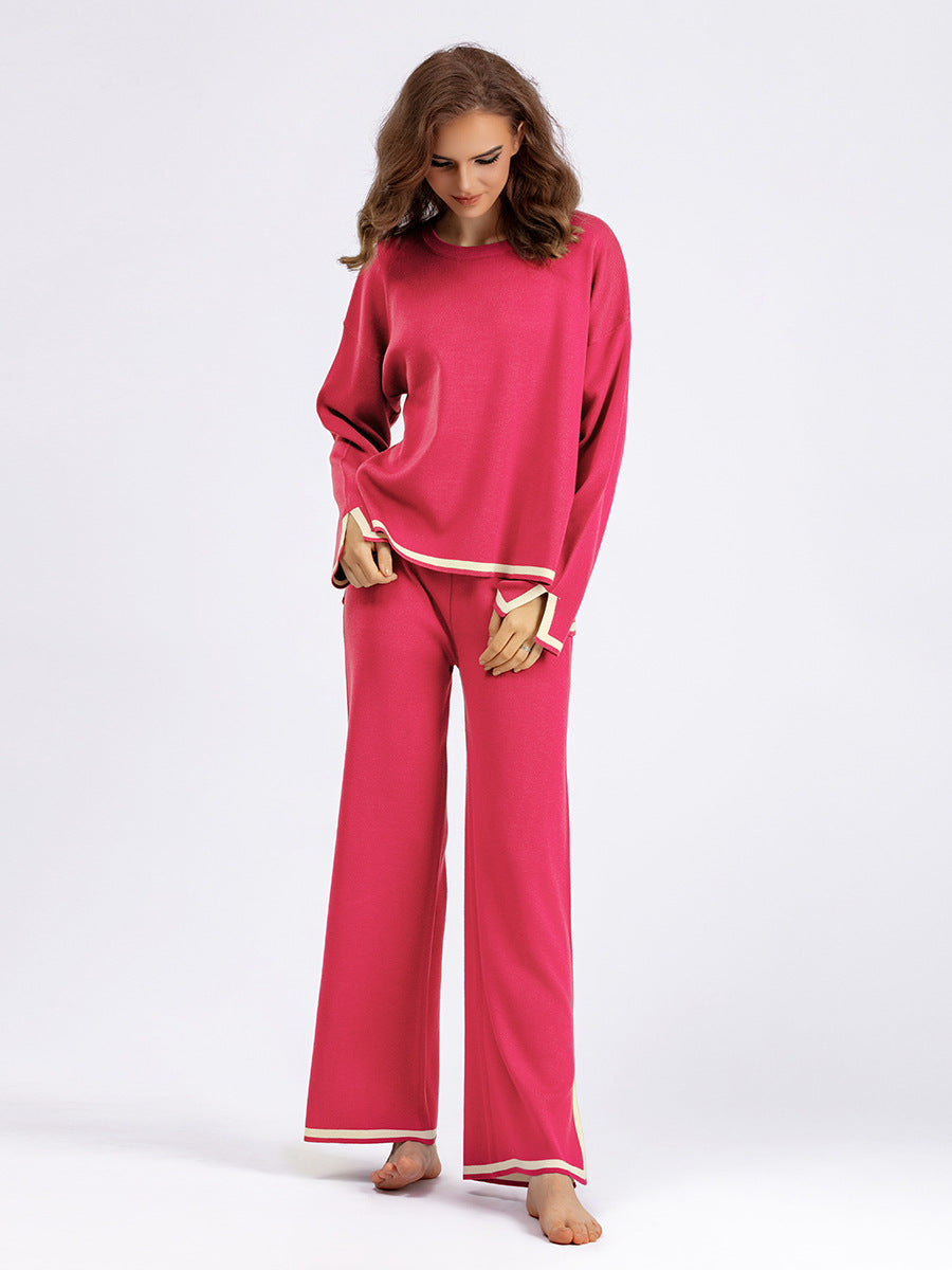 Autumn And Winter Chic Contrast Color Split Long Sleeve Knitting Top High Waist Wide Leg Pants Two-Piece Set 5