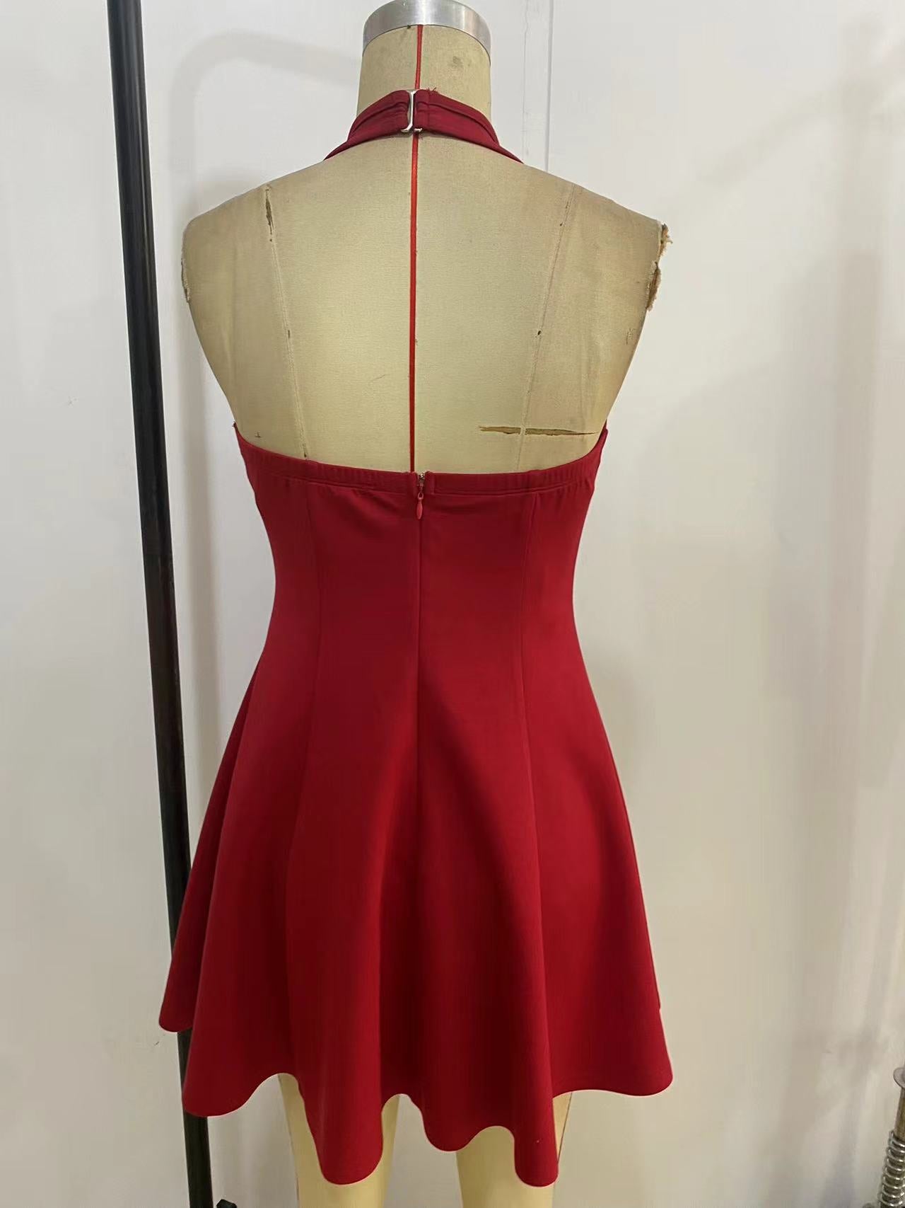 Women's Solid Color Halter Neck Lace-Up Strapless Hollow Patchwork Slim Waist Low Back Cocktail Dress 9