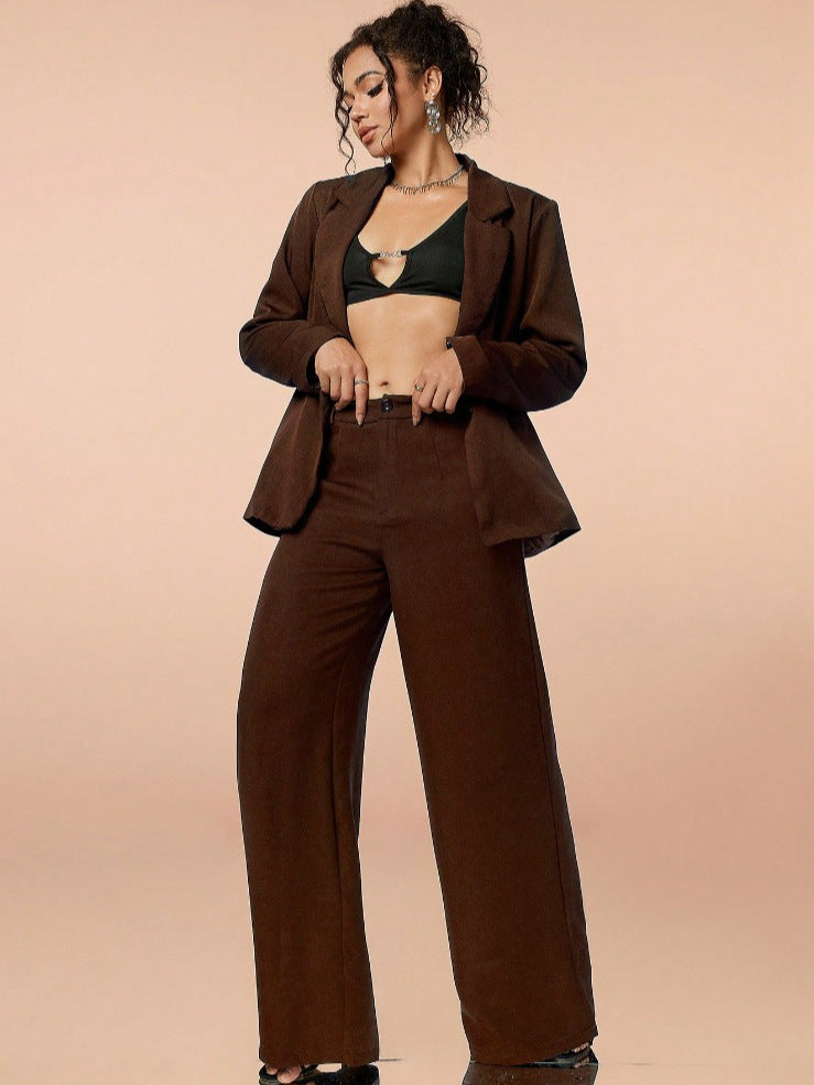 Women solid long-sleeved button blazer and wide-leg pants two-piece set 5