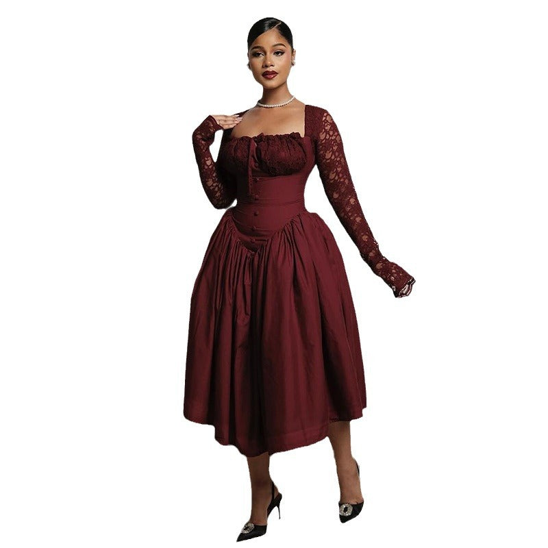 Women's Spring Chic Square Neck Lace Long Sleeve Slim Waist Solid Color Maxi Dress 6