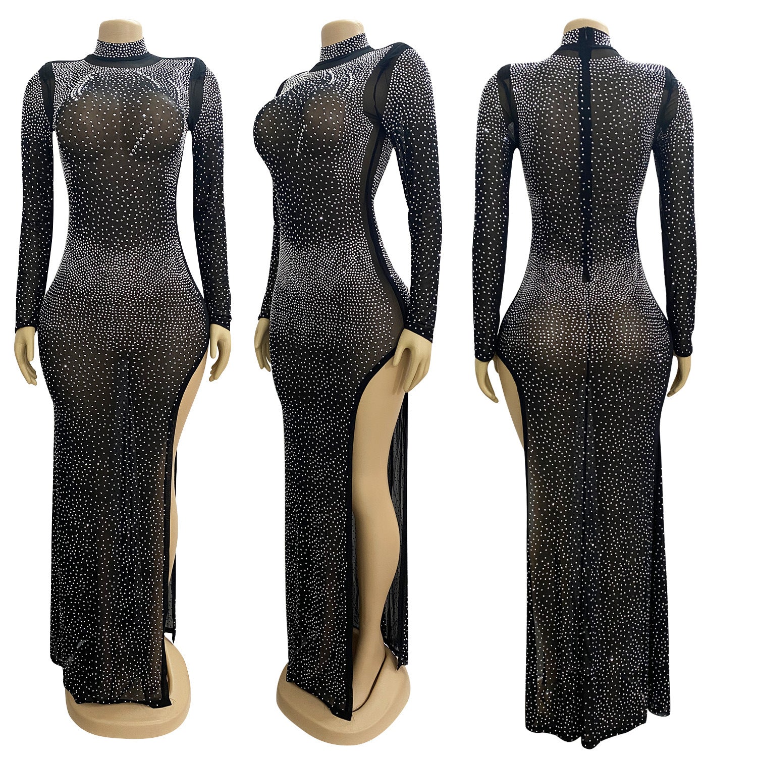 Women sexy mesh irregular slit long sleeve dress 9