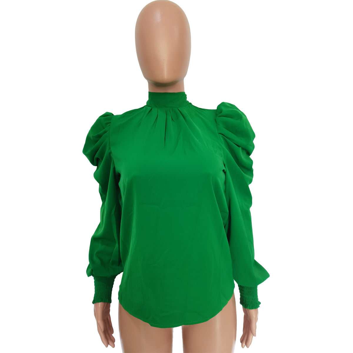 Women Solid Stand Collar Puffed Sleeve Top 15