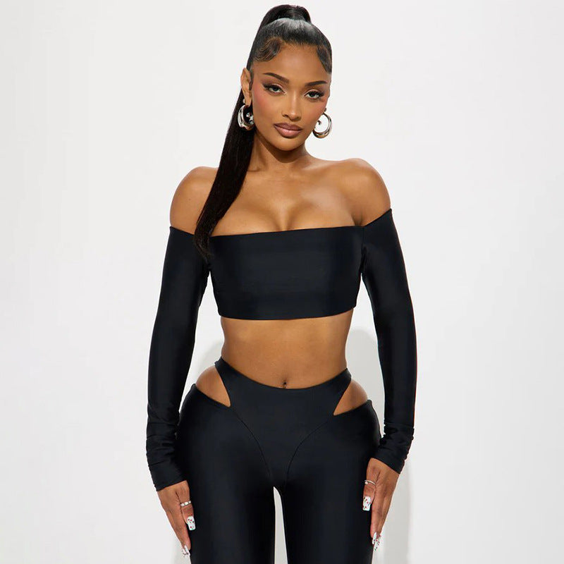 Women's Autumn Off-Shoulder Crop Top & High-Waist Hollow Out Pants Set 3
