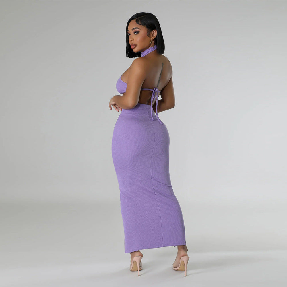 Fashion casual summer solid color sleeveless halter backless two piece skirt set 5