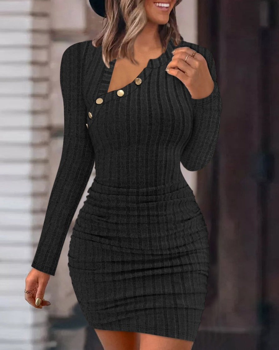 Women's Solid Color Slash Shoulder Tight Fitting Fashionable Slim Sexy Long Sleeve Bodycon Dress 9
