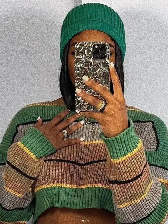 Women Striped Long Sleeve Crop Top and Pant Two Piece Set 3