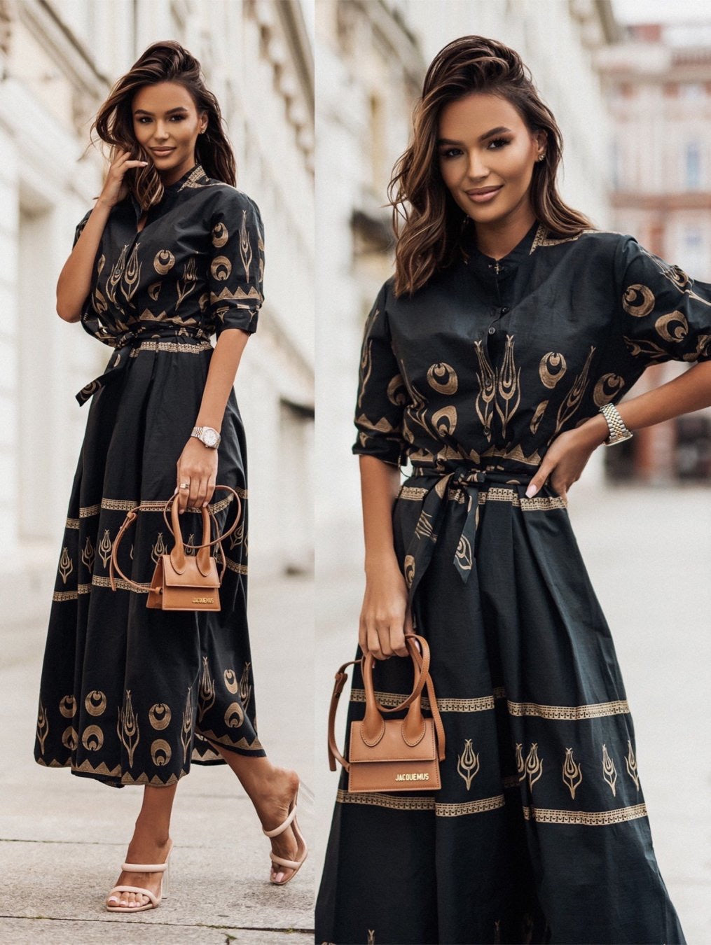Women Printed Button Belt Shirt Dress 4