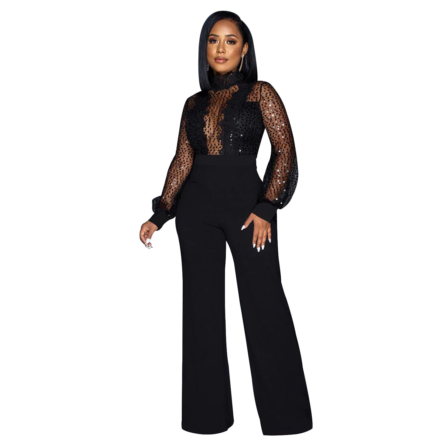 Women Cutout See-Through Long Sleeve Tie Jumpsuit（customized,MOQ 6pcs/size/color,process time 7-10 days） 10