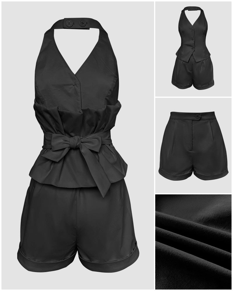 Women Halter Neck Lace-Up Top + Shorts Solid Two-Piece Set 11