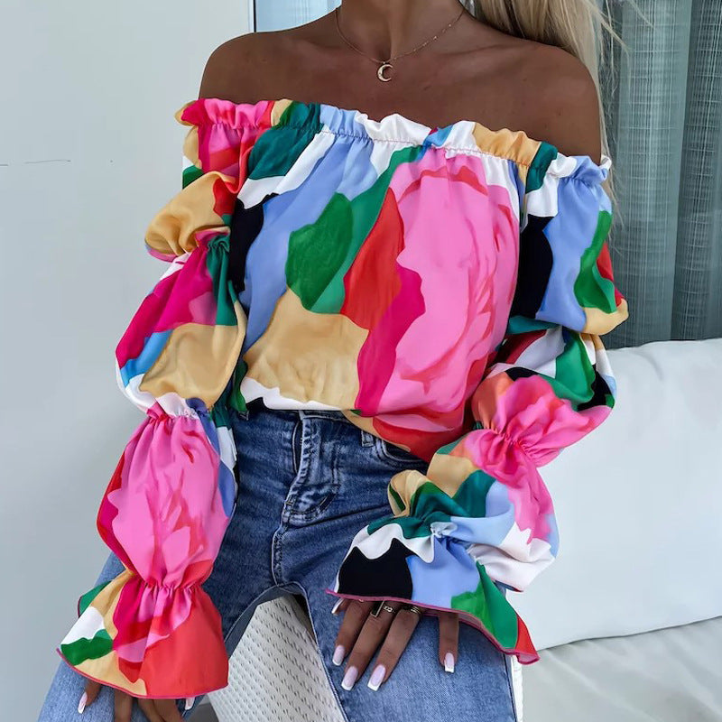 Off Shoulder Long Sleeve Printed Loose Women Casual Top 9