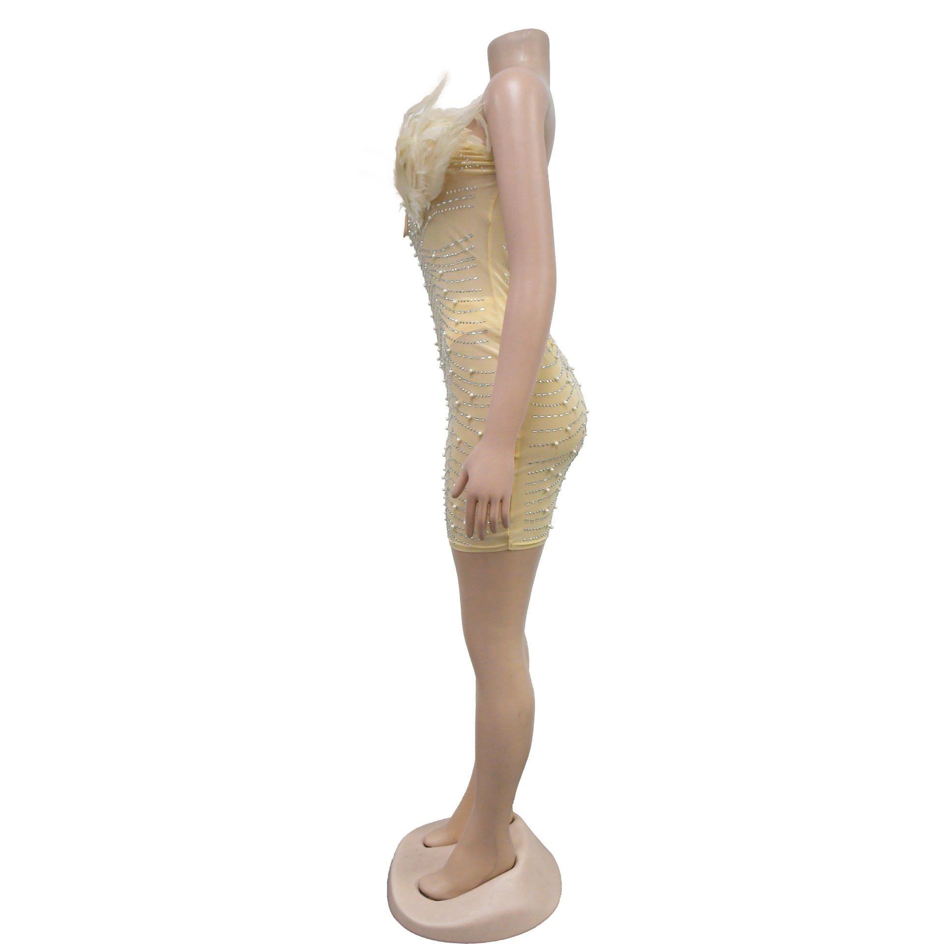 Fashion Women's Solid Color Mesh Beaded Feather Dress 44