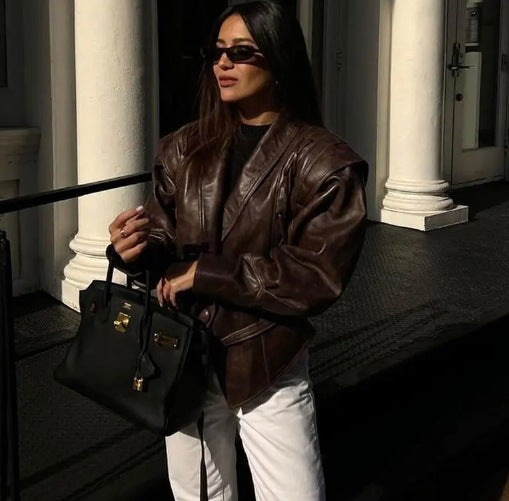 Women's American Retro Casual Faux Leather Jacket 14