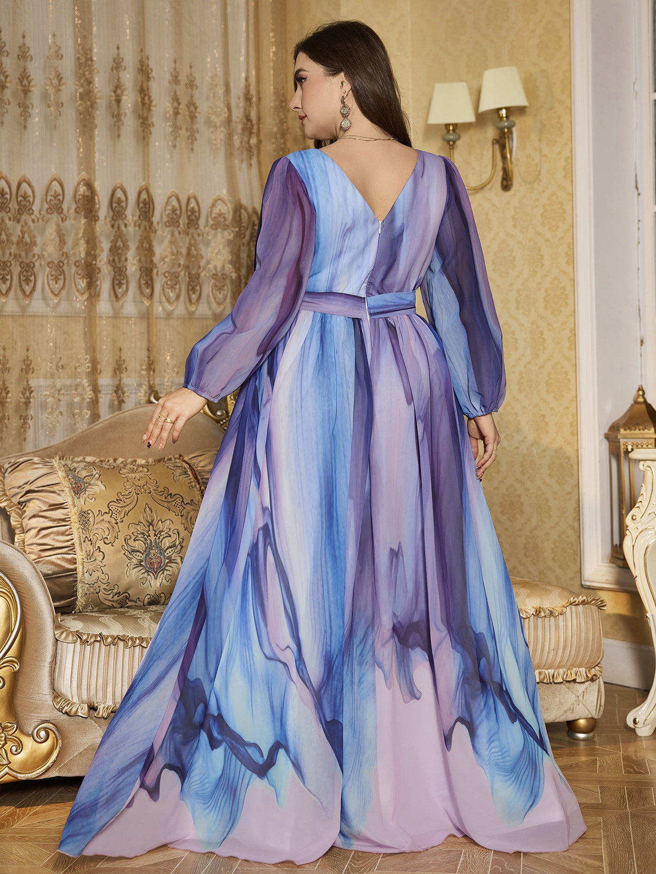 Plus Size V-Neck Lantern Sleeve Chiffon Dress Belted Slim Waist Evening Gown 3