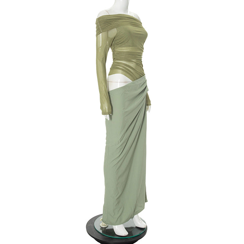 Women Summer Off Shoulder Long Sleeve Cut Out Patchwork Dress 12