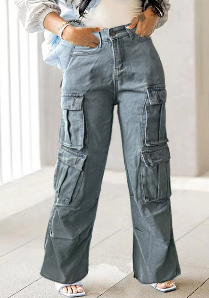 Pocket Cargo Washed Denim Pants Wide Leg Women Jeans 3