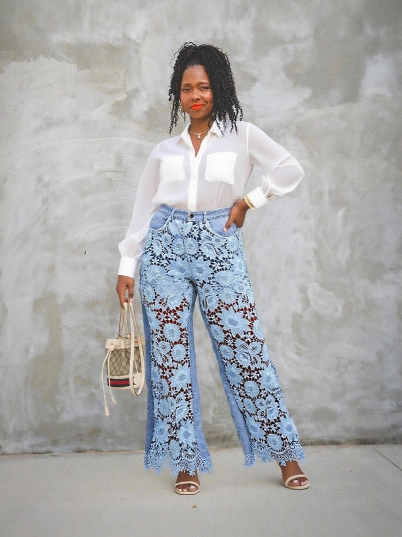 Women's Cut-Out Lace Patchwork Denim Pants 3