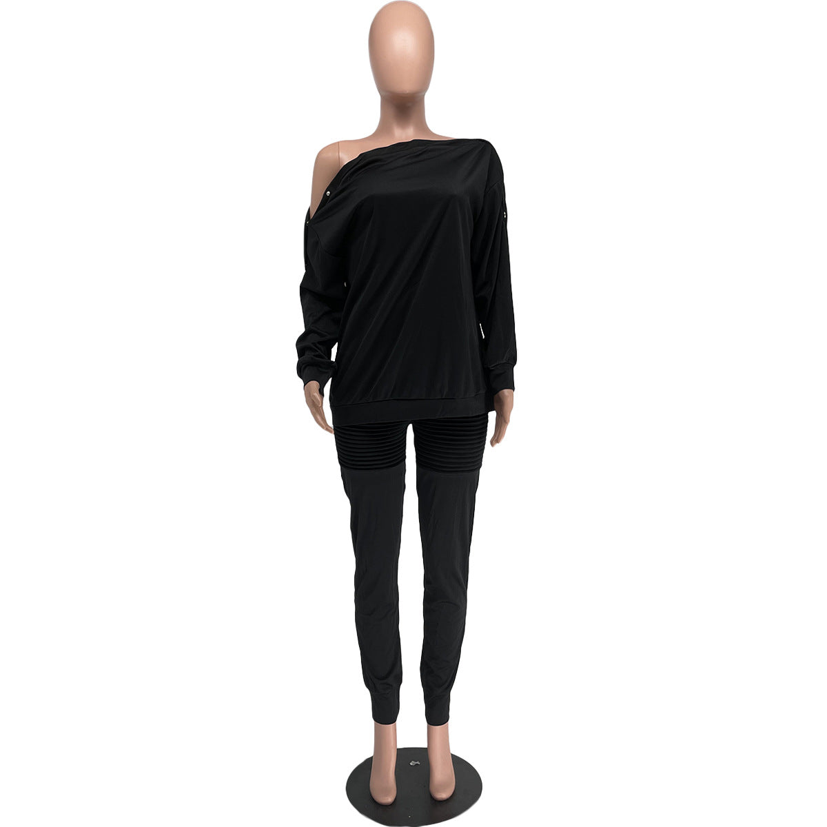 Autumn And Winter Women's Clothing Buttoned Off Shoulder Top Pants Casual Two-Piece Set 22