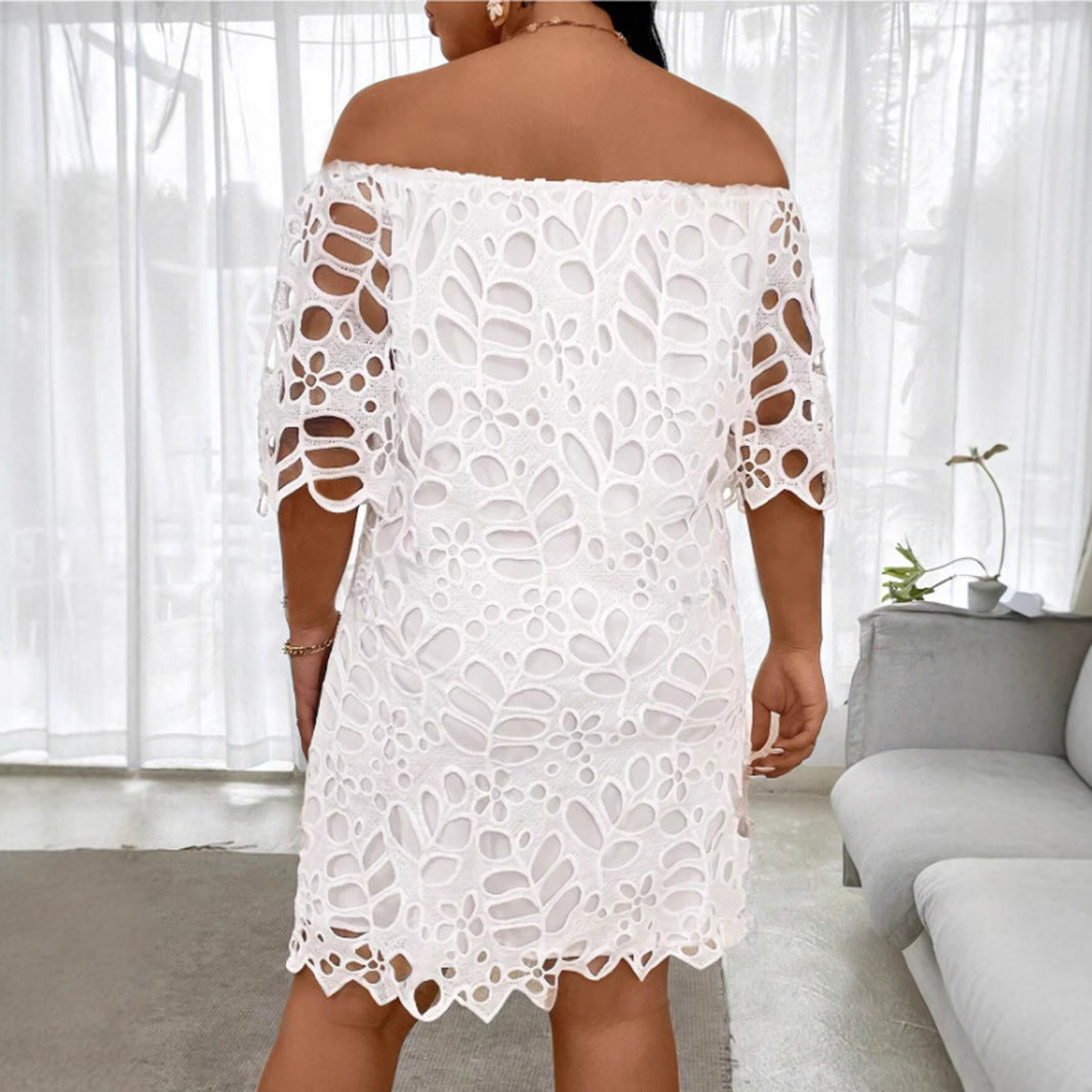 Women elegant Solid hollow laceOff Shoulder off-shoulder half-sleeve dress 4