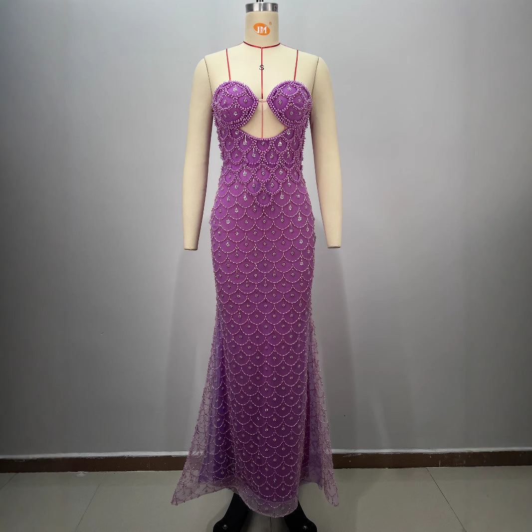 Women Backless Waisted Diamond Fishtail Shell Waist Sequined Evening Dress 3