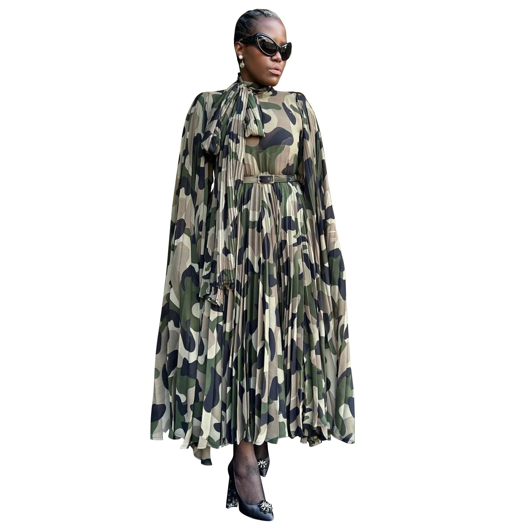 Women's African Plus Size Camouflage Loose Pleated Dress 23