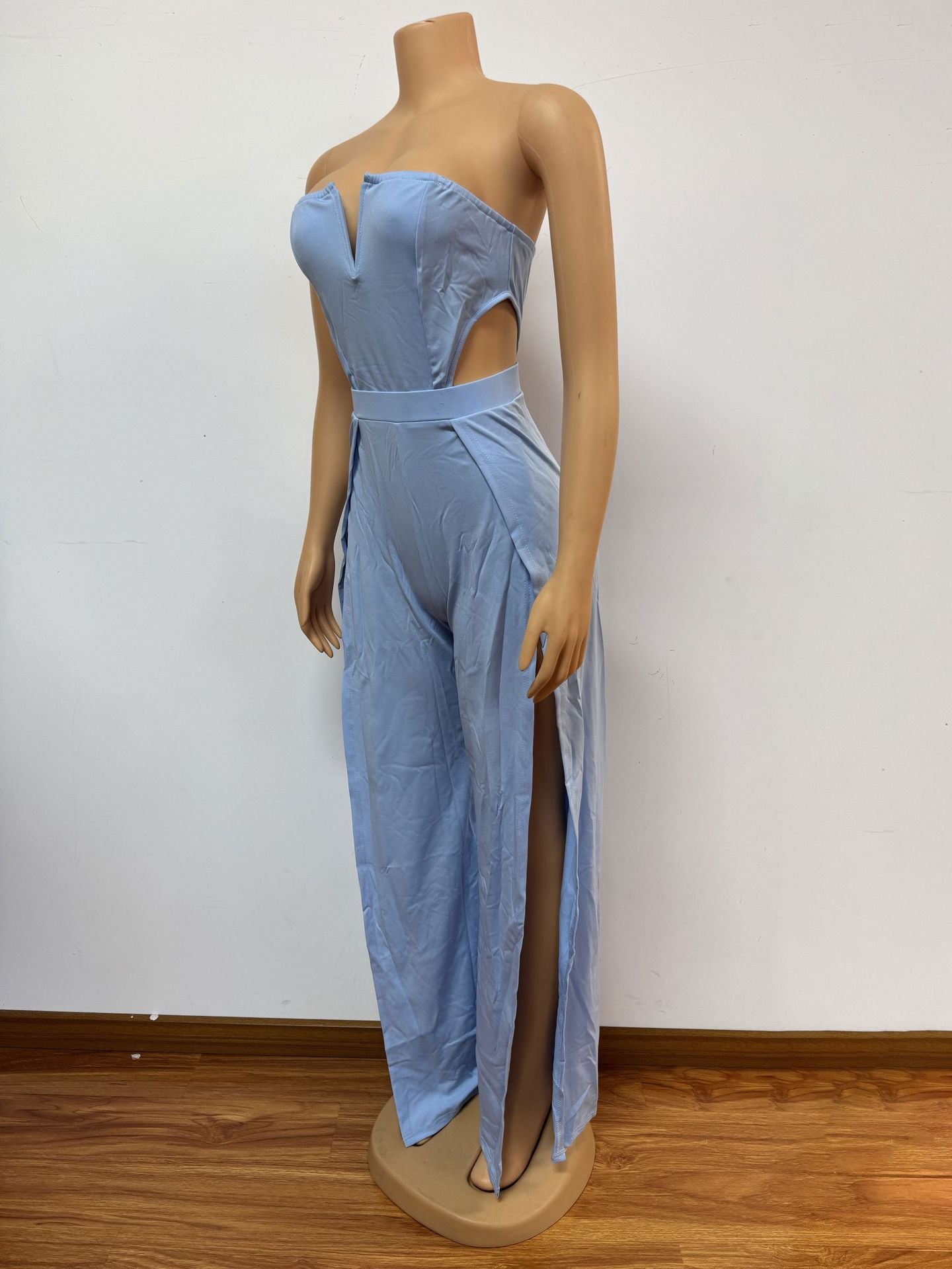Women V-neck hollow backless patchwork split jumpsuit 4