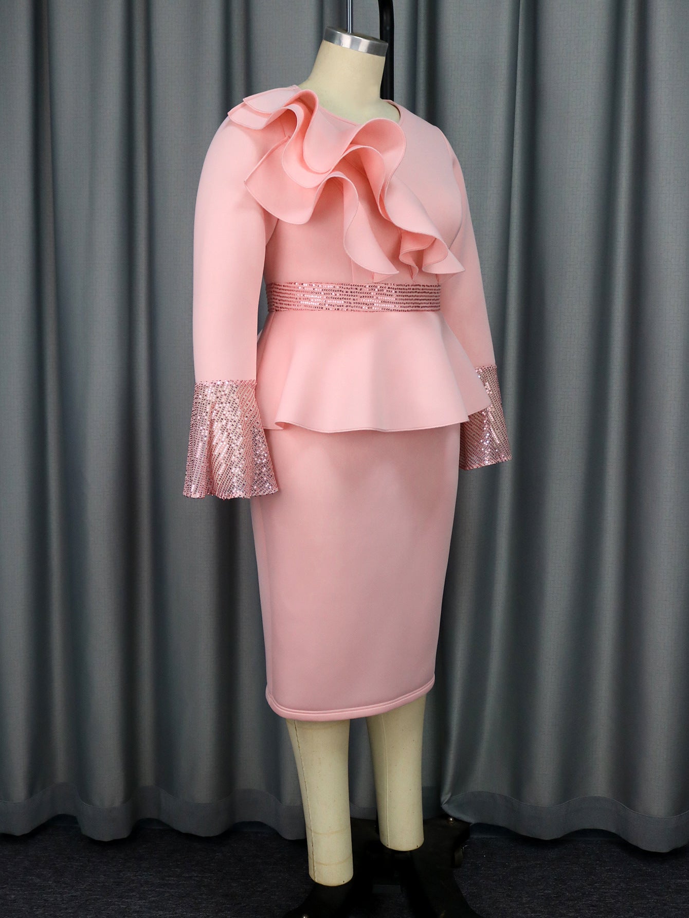 Women Round Neck Bell Bottom Sleeve Party Ruffle Sequin Dress 6