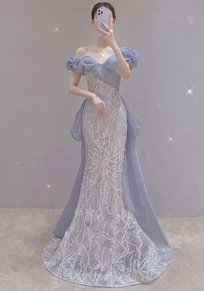Women Off Shoulder Sequin Party Mermaid Evening Dress（Processing time need 3-6 days）