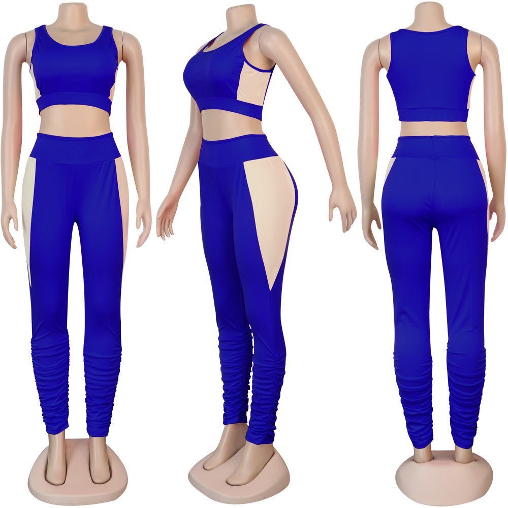 Women Sexy Solid Patchwork Gathered Sports Top and Pant Two-piece Set 15