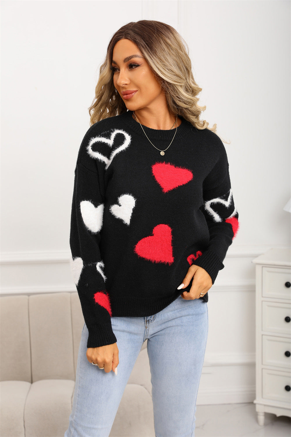 Spring Sweater Heart Print Valentine's Day Sweater Round Neck Knit Pullover Top 17