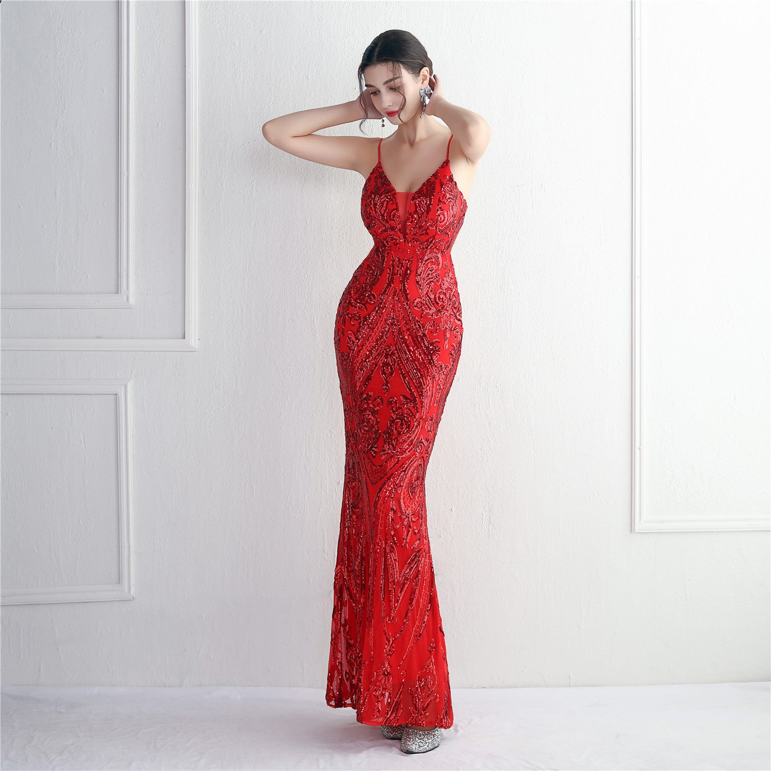Chic Elegant Sequin Mermaid Prom Dress Straps Long Formal Party Slim Evening Dress 16