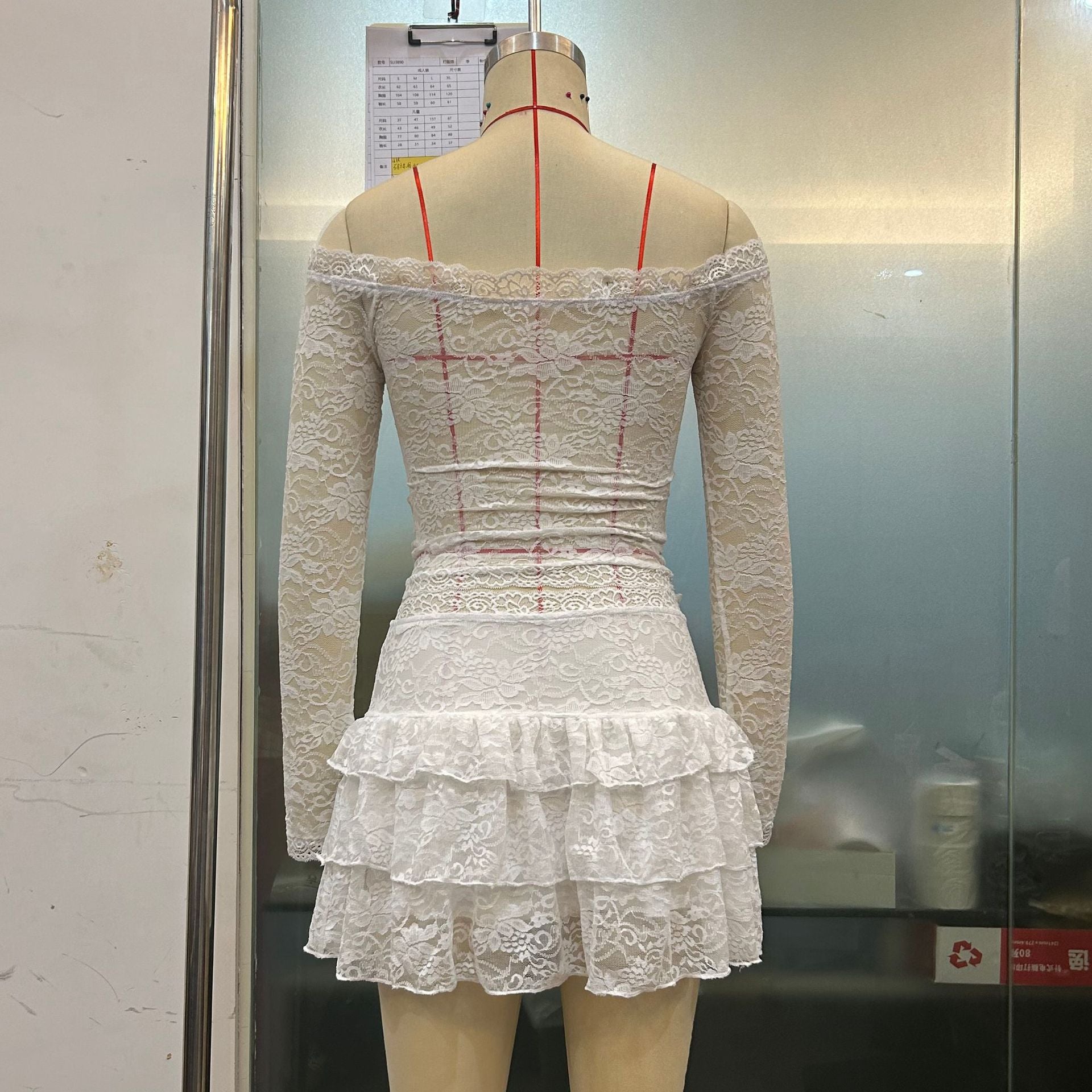 Women's Mesh Lace Trim Sexy Long Sleeve Top with Tiered Mini Skirt Two-Piece Set 9