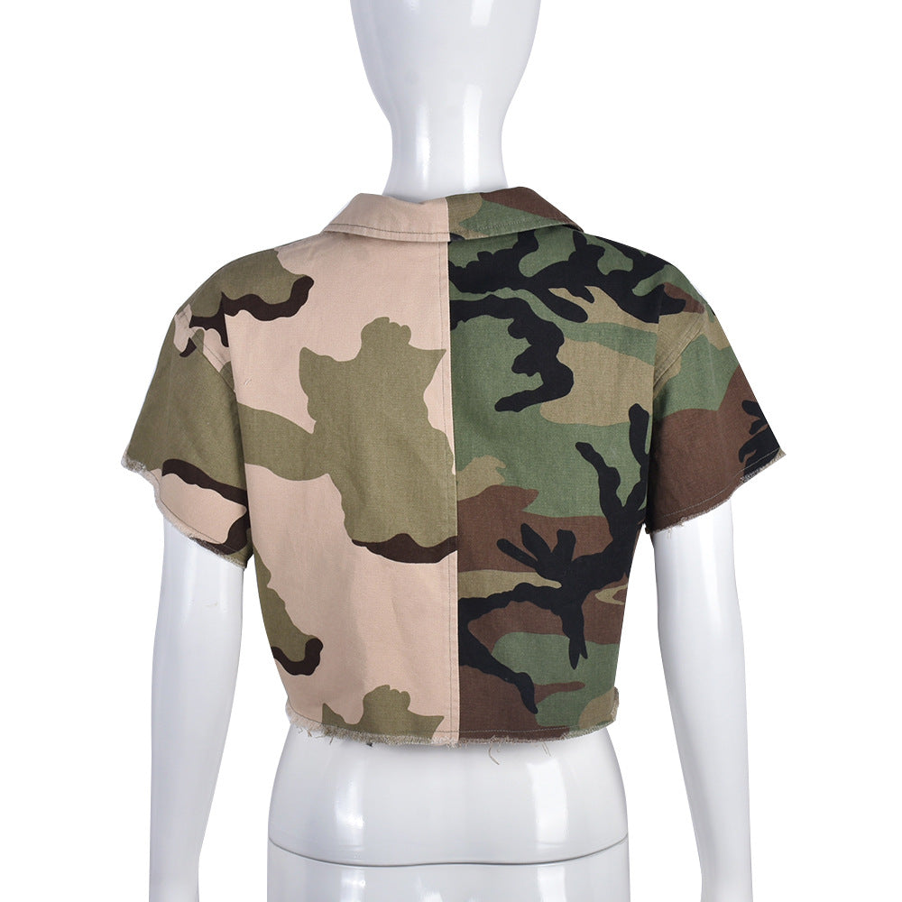 Autumn Contrasting Color Camouflage Pocket Loose Street Trendy Women'S Tops 7