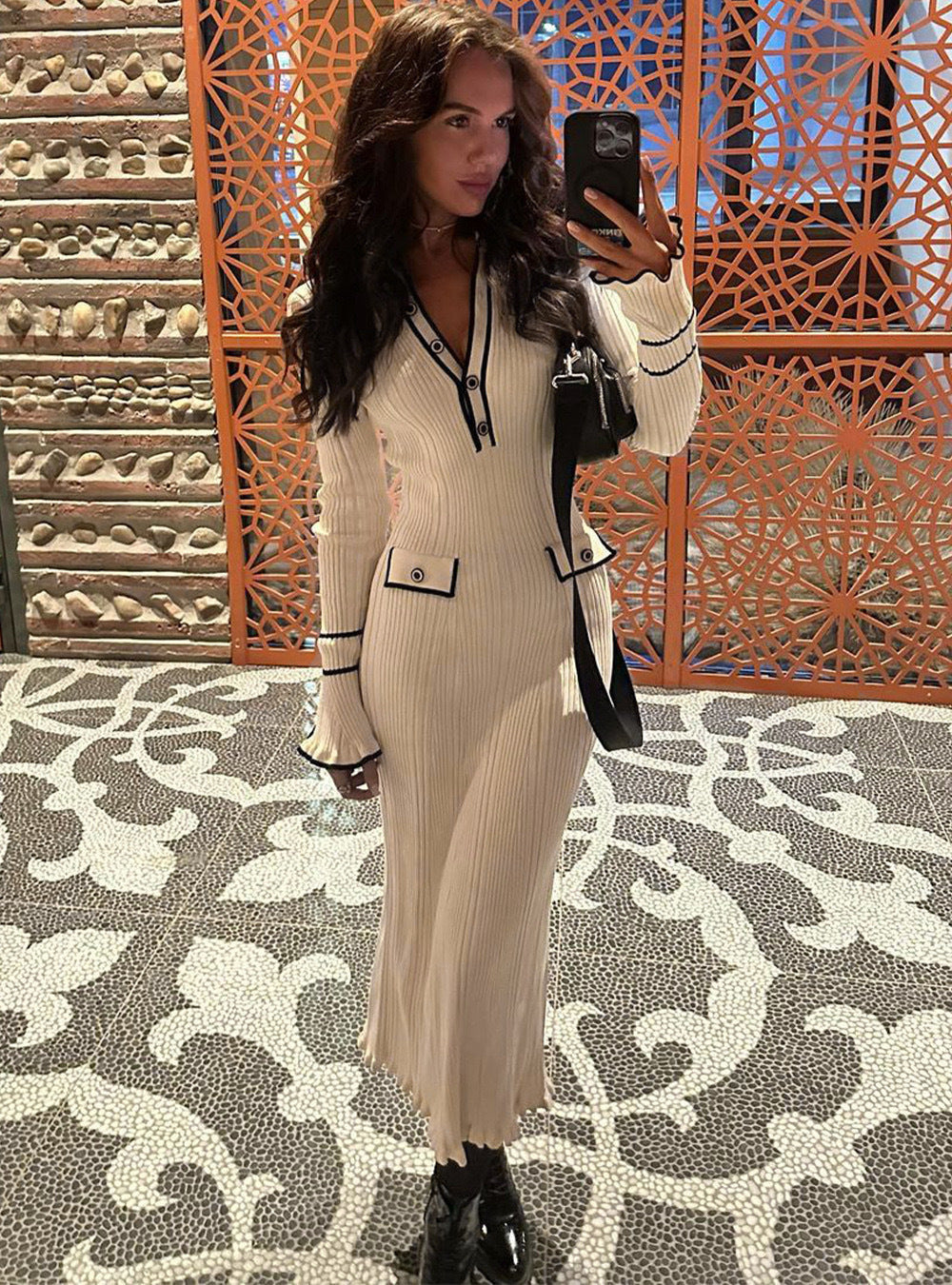 Winter Turndown Collar Knitting Dress Women Long Sleeve Fashion Chic Slim Waist Sweater Dress 6