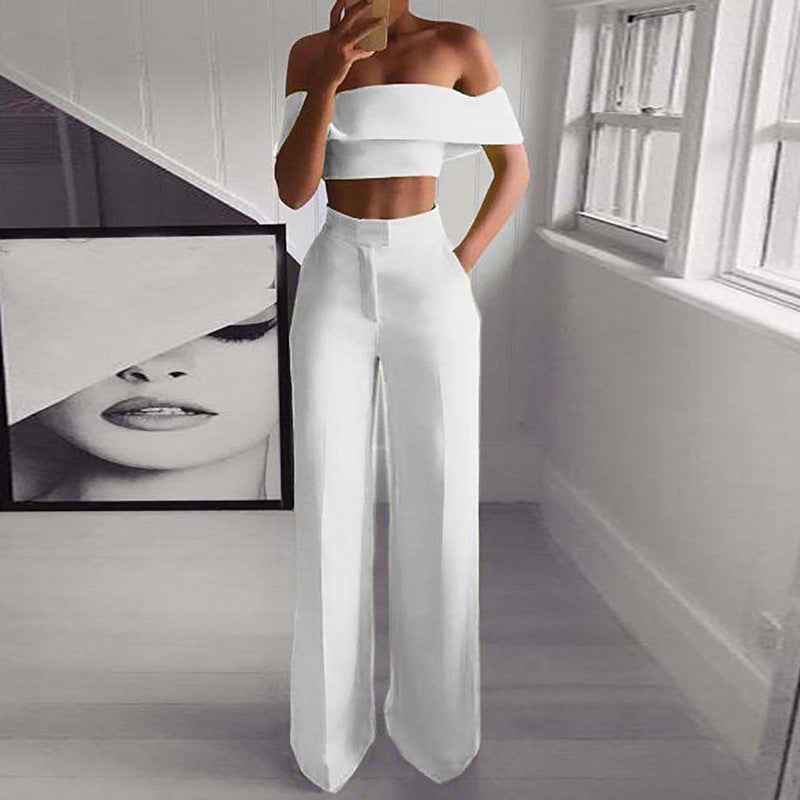 Women Elegant Off Shoulder crop top+ Loose Pants Two Piece