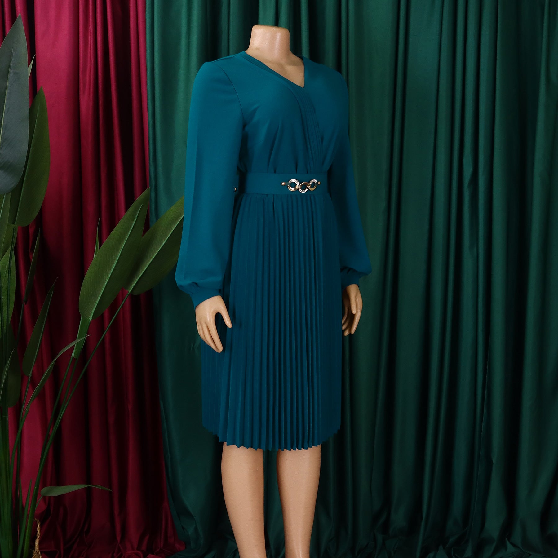 Women Spring V-Neck Pleated African Dress 16