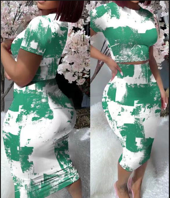 Women's Printed Round Neck Short Sleeve T-Shirt Slim Fit Skirt Sexy Two Piece Set 5