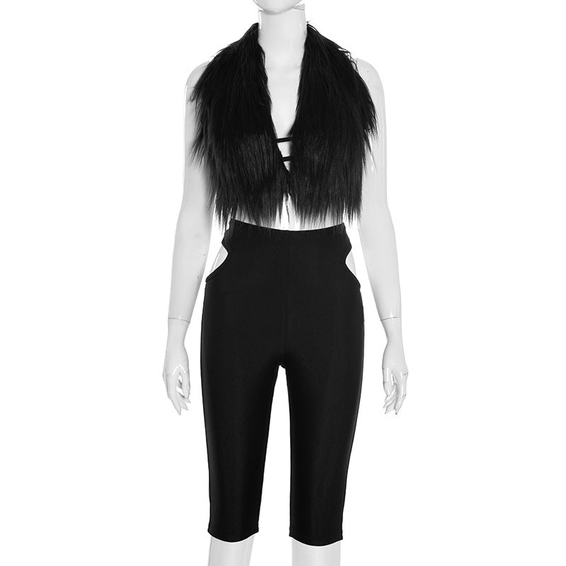 Women Autumn/Winter Halter Neck Fur Collar Backless Tie Cutout Top and Capri Two-Piece Set 6