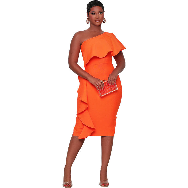 Women Summer Slanted Shoulder Ruffle Bodycon Dress 7