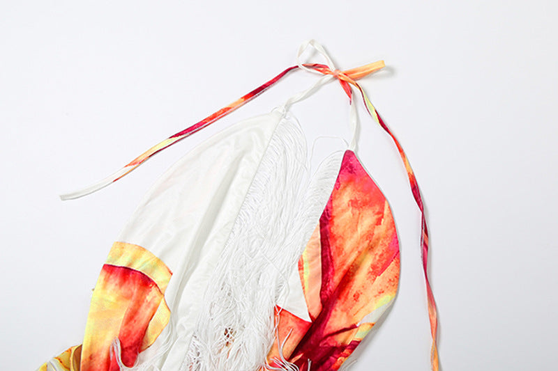 Women fall/winter Halter Neck lace-up V-neck backless printed top and tassel sexy skirt two-piece set 15