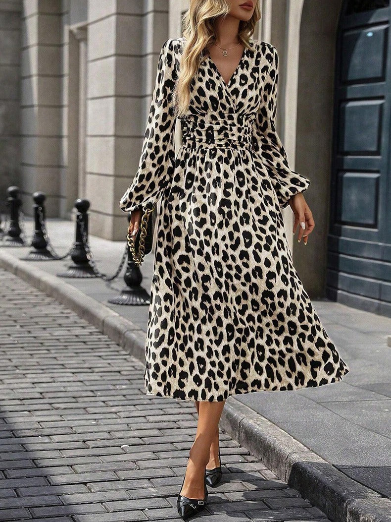 Leopard Print Women Autumn Lantern Sleeve Long Dress 6