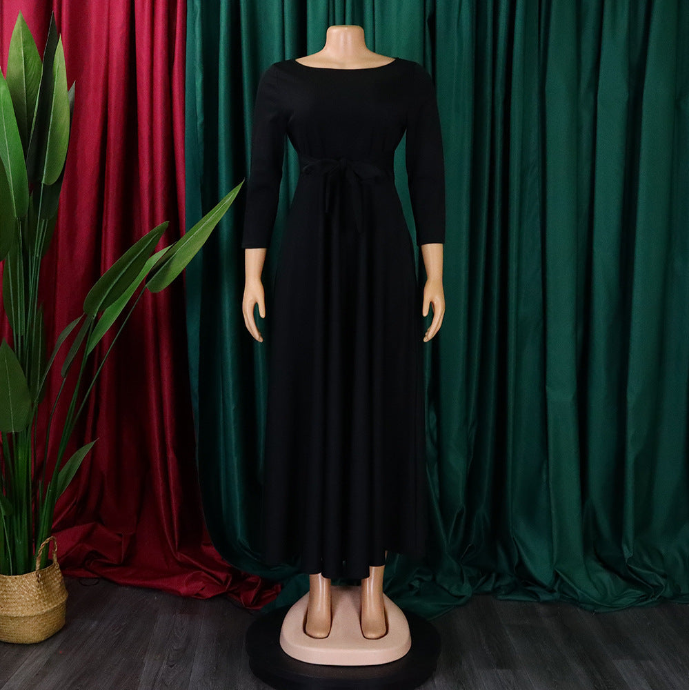 Women's Fall Winter Fashion Chic Solid long sleeve Belted African Plus Size Maxi Dress 14