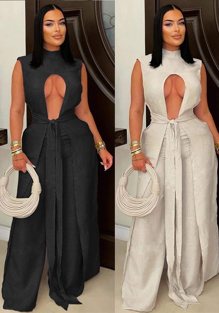 Women sexy solid lace-up sleeveless top and Pant Two Piece Set